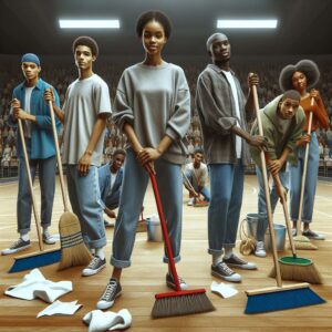 Black students cleaning arena