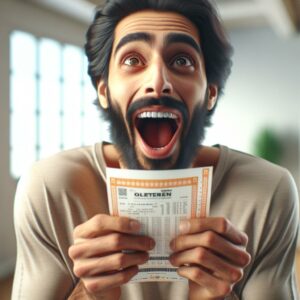 Excited man finding winning lottery ticket