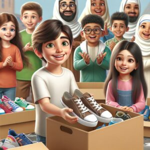 Children donating shoes happily.