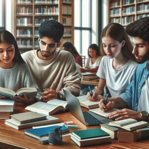 Diverse students studying together.