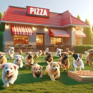 Puppies outside Pizza Hut.