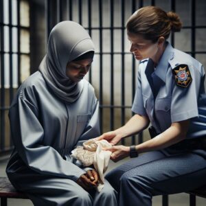 "Inmate receiving hijab replacement."