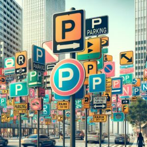 "Colorful downtown parking signs"