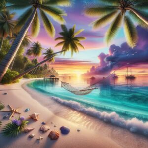 Tropical beach paradise illustration.