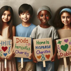 Children holding charity signs.