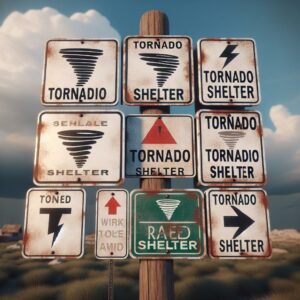 Tornado shelter signs.