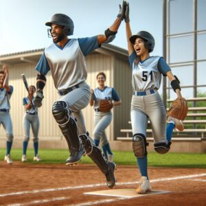 Softball players high-fiving.