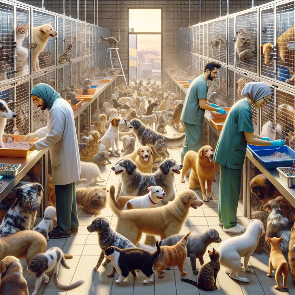 Crowded animal shelter scene.