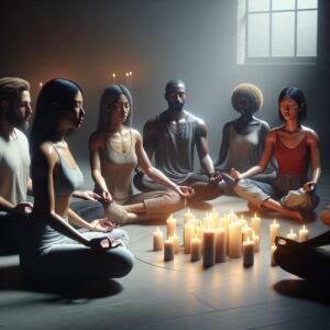 Candlelit meditation circle.