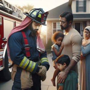 Firefighter comforting grieving family.