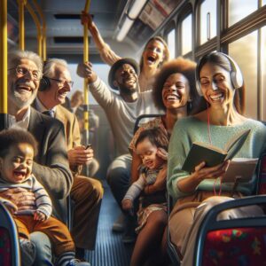 "Happy commuters riding bus"