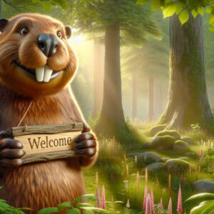 "Giant beaver welcomes visitors"