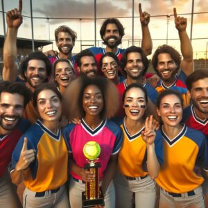 Celebratory softball team portrait