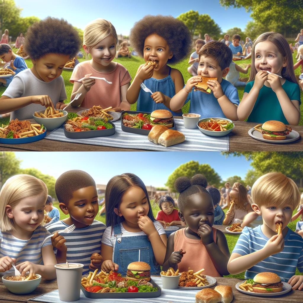 Children enjoying meals outdoors.