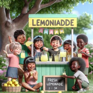 Children selling lemonade stand.