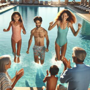 Excited families at pool.