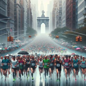 Rain-soaked marathon event concept