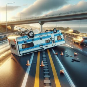 Overturned camper on highway