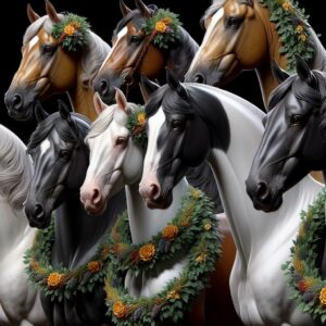 Horses with winners' wreaths.