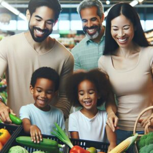 Happy family grocery shopping.