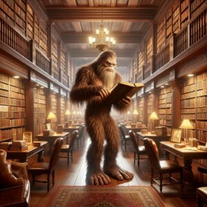 Bigfoot in library setting.