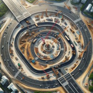 Roundabout construction site aerial.