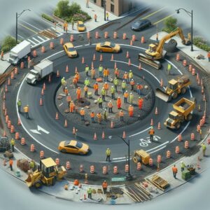 Roundabout construction zone illustration.