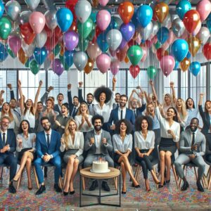 Office celebration with balloons.