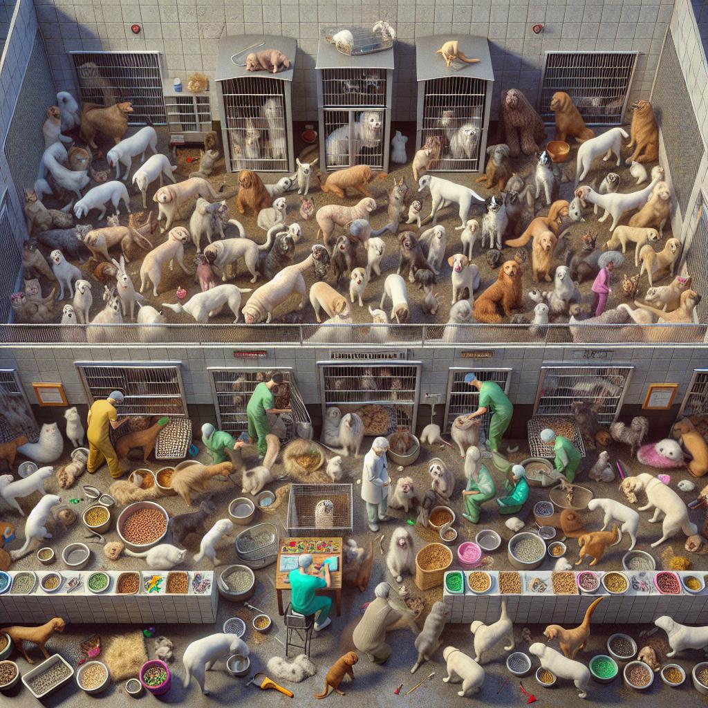 Overpopulated animal shelter illustration