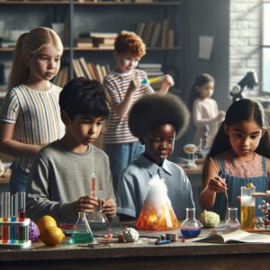 Kids exploring science experiments.