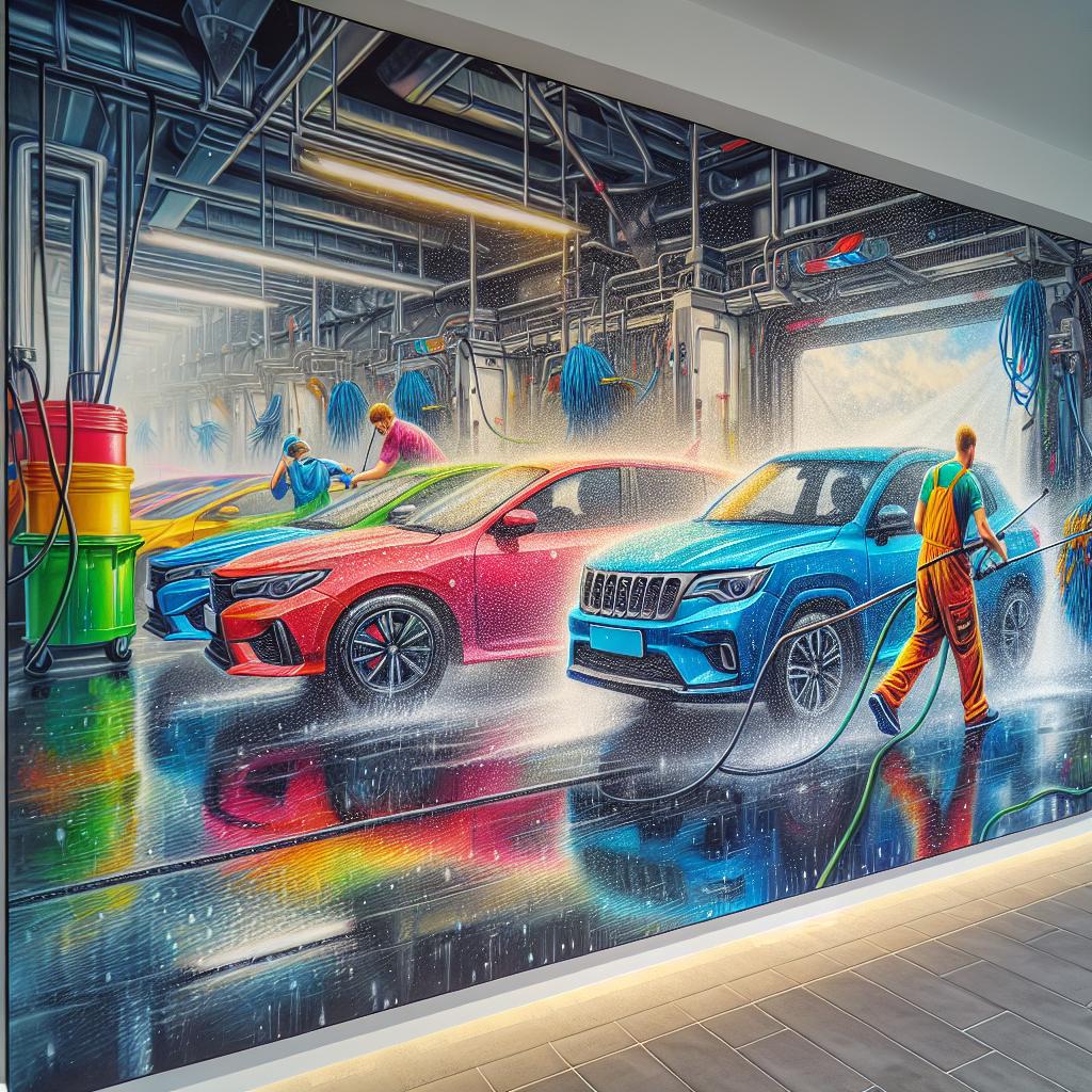 Colorful car wash mural.