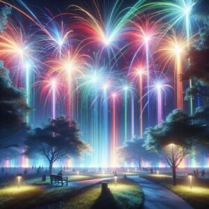 Colorful fireworks light park.