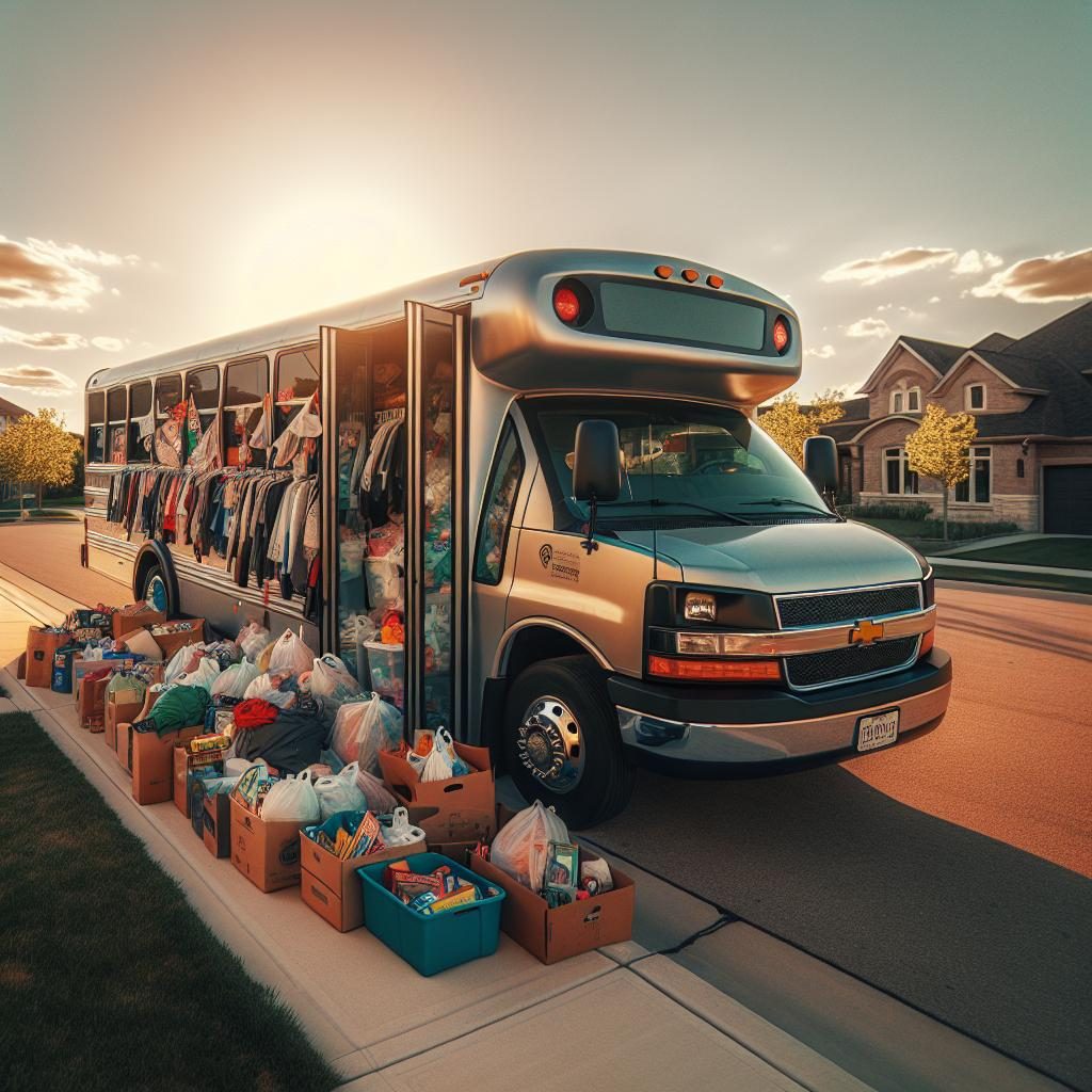 Bus filled with donations.