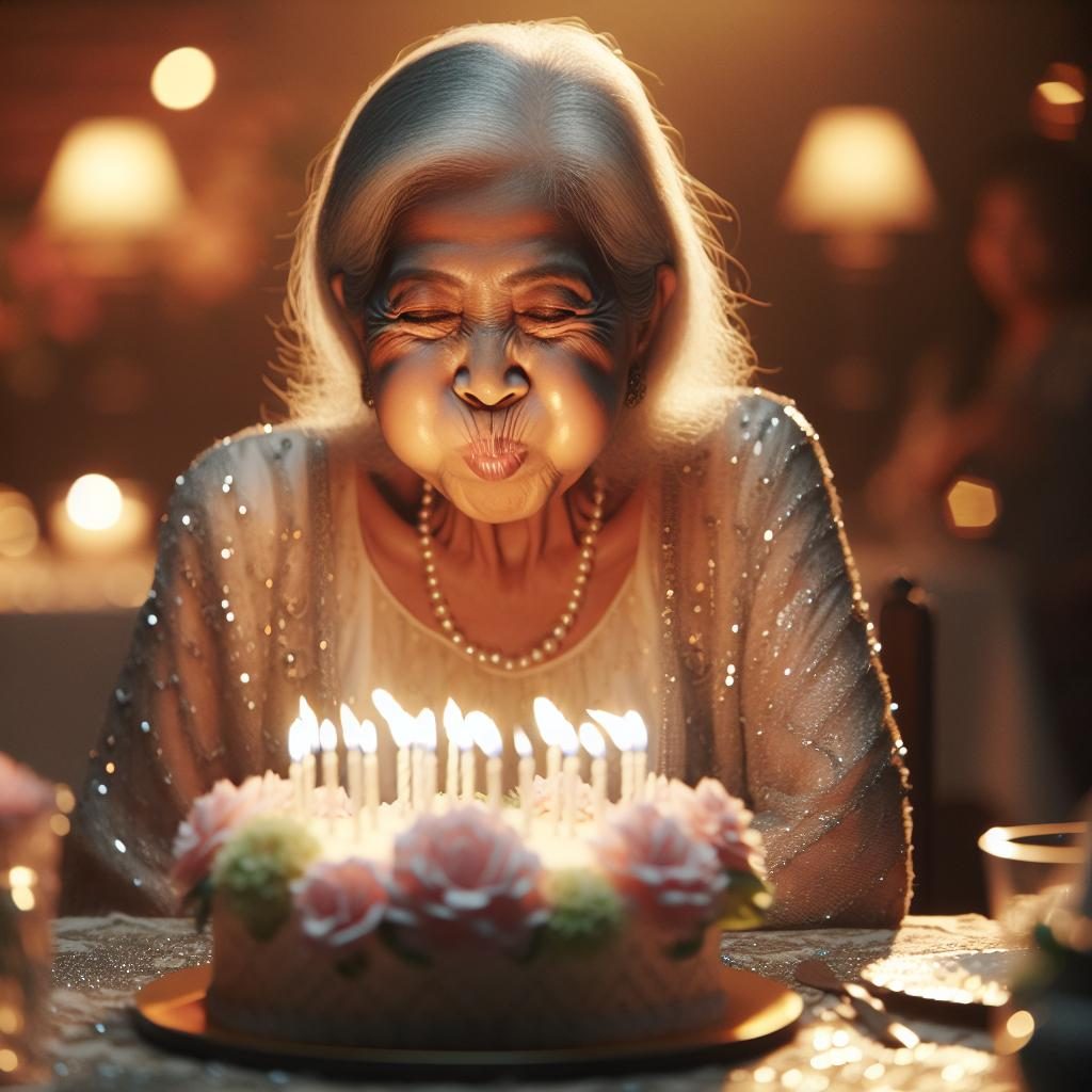 Elderly woman blowing candles.