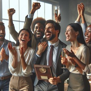 Diverse group celebrating success.