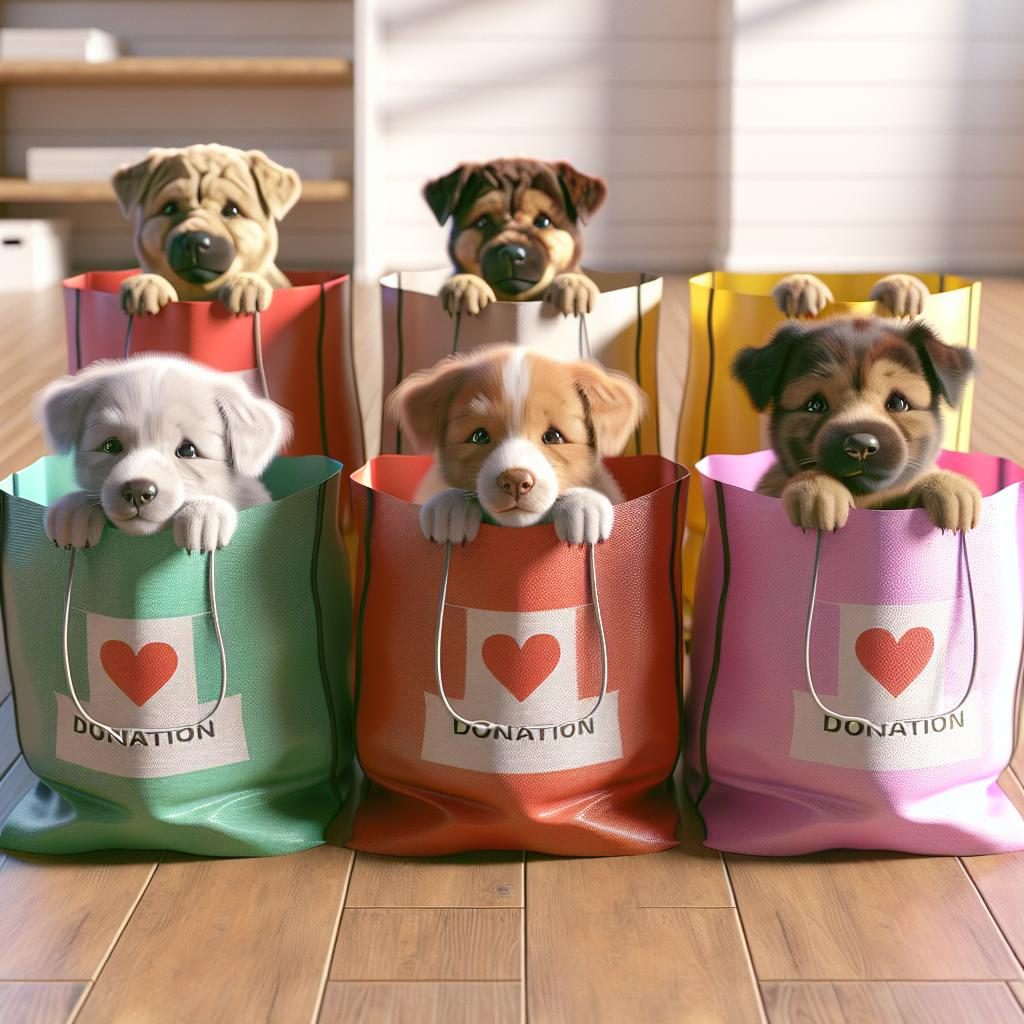 Puppies in donation bags.