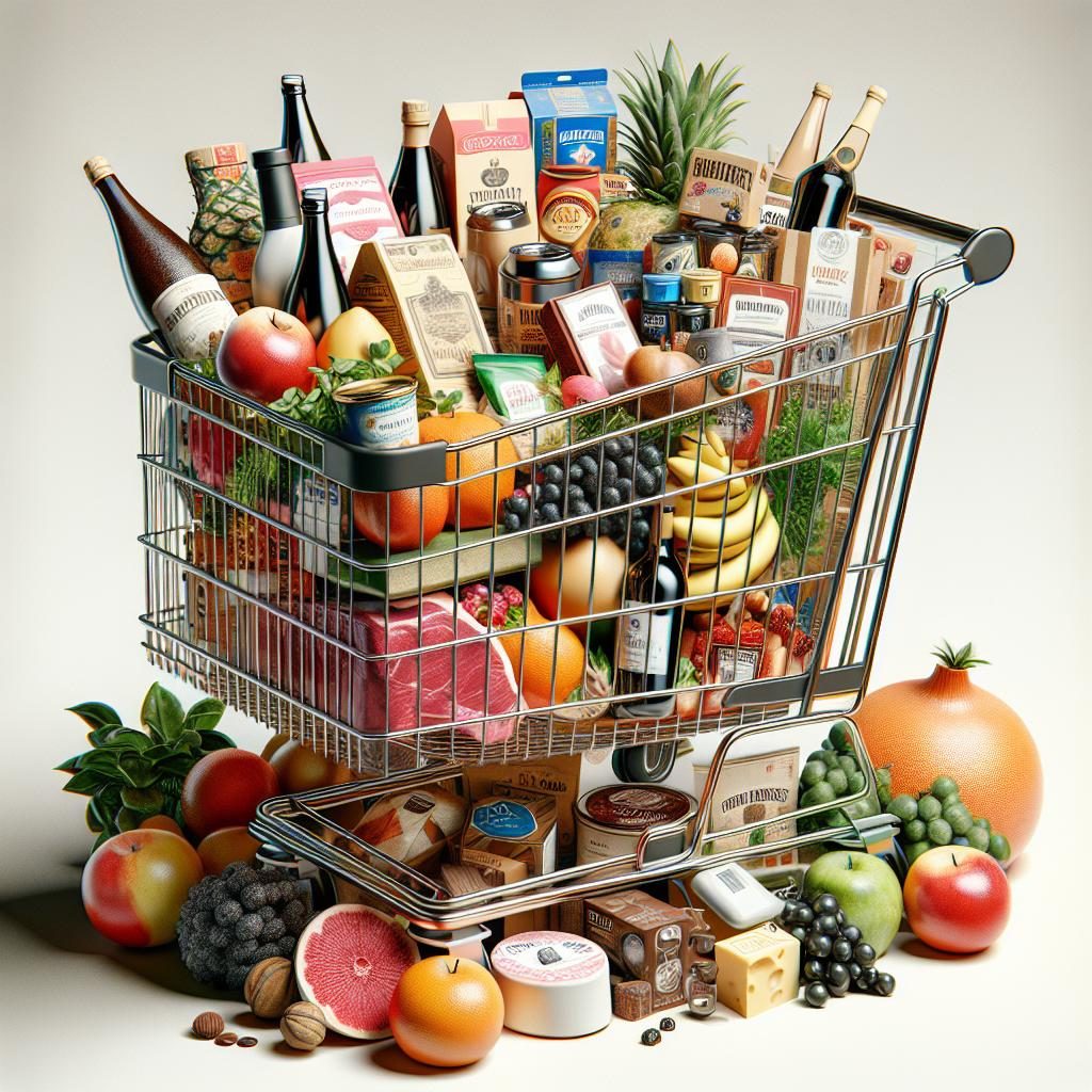 Shopping cart with expensive groceries.