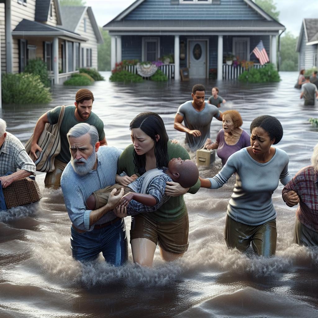 "Residents evacuating flooded homes"