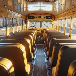 Empty school bus scene.