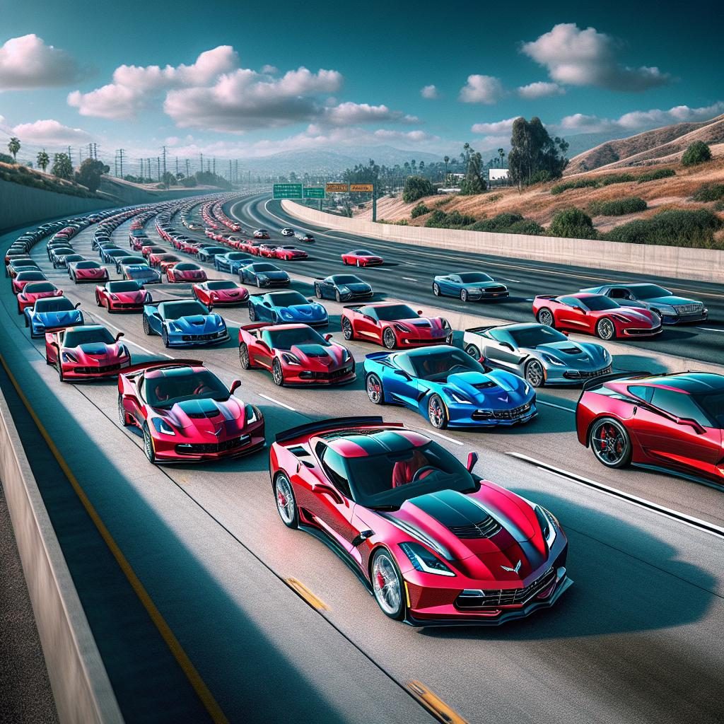 Corvette convoy on highway.