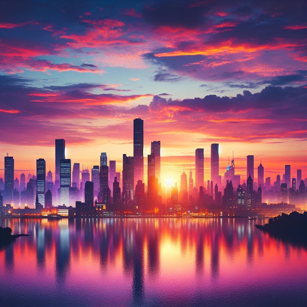 City skyline at sunset