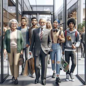 "Excited shoppers entering store"