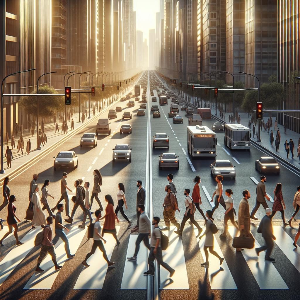 Pedestrian crossing busy road.