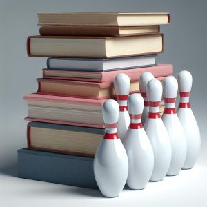 Bowling pins and textbooks.