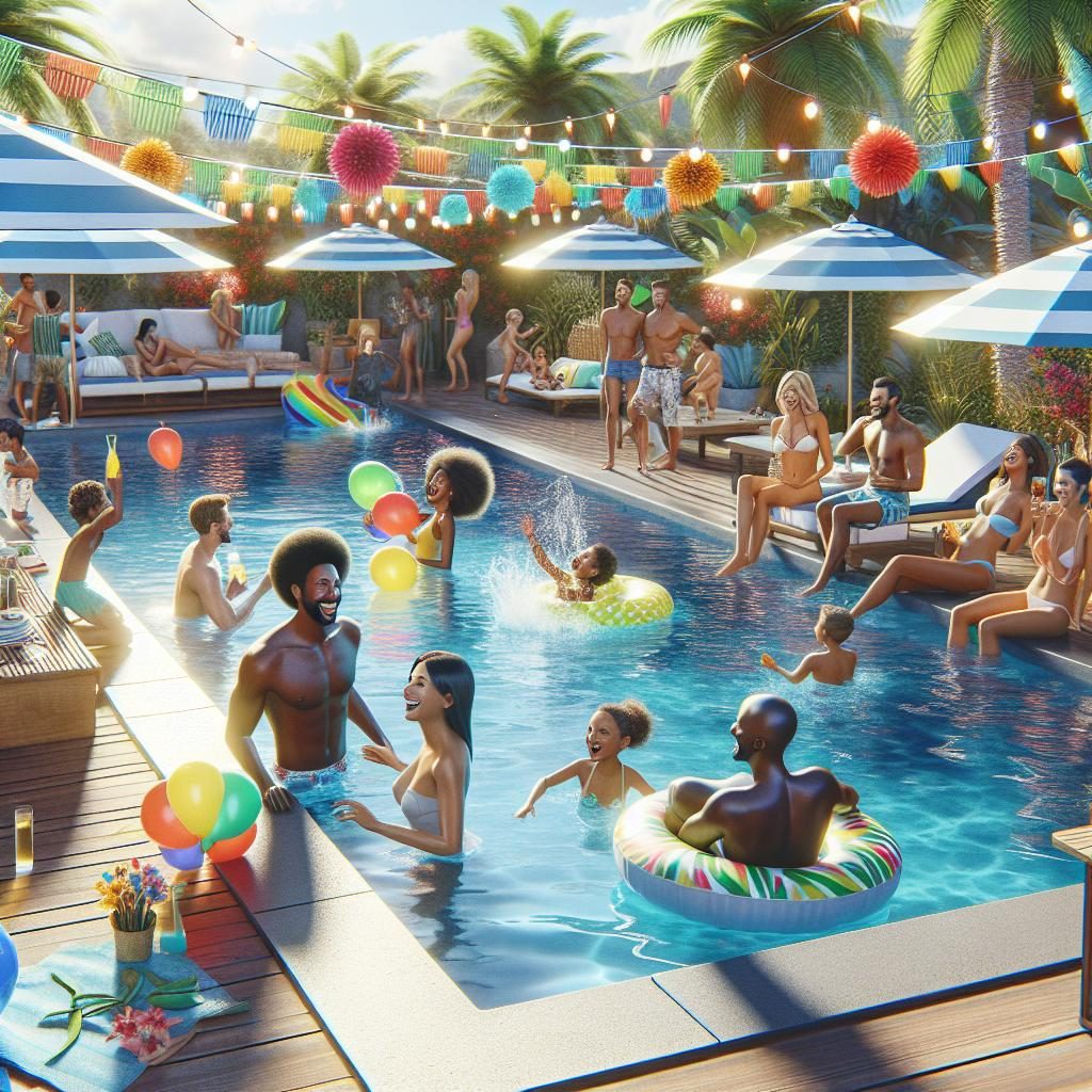 Poolside summer celebration scene.