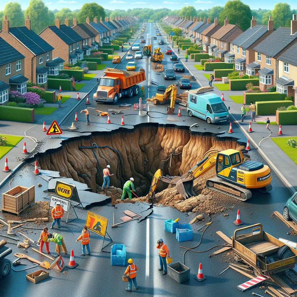 Suburban street sinkhole repair