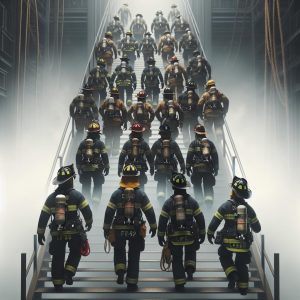 Firefighters climbing tribute stairs.