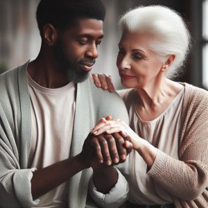 Elderly couple holding hands.