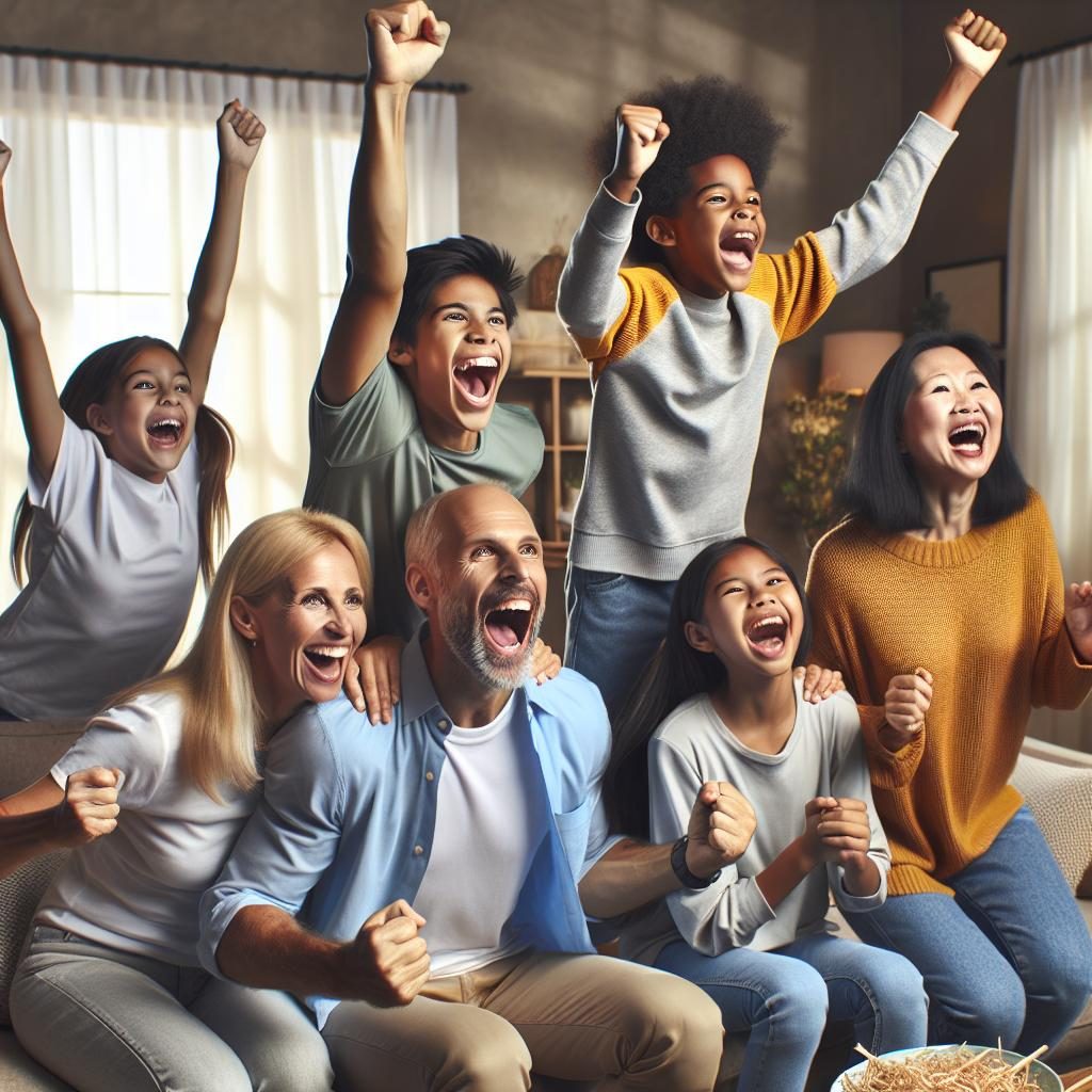 Excited family celebrating win.