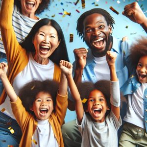 Excited family celebrating win.